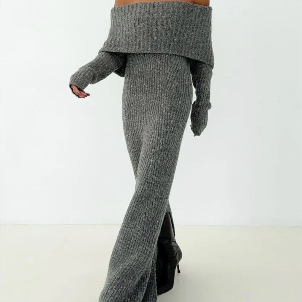 Rumored Fireside Maxi Dress Charcoal Heather Grey Off Shoulder Knit Sweater S